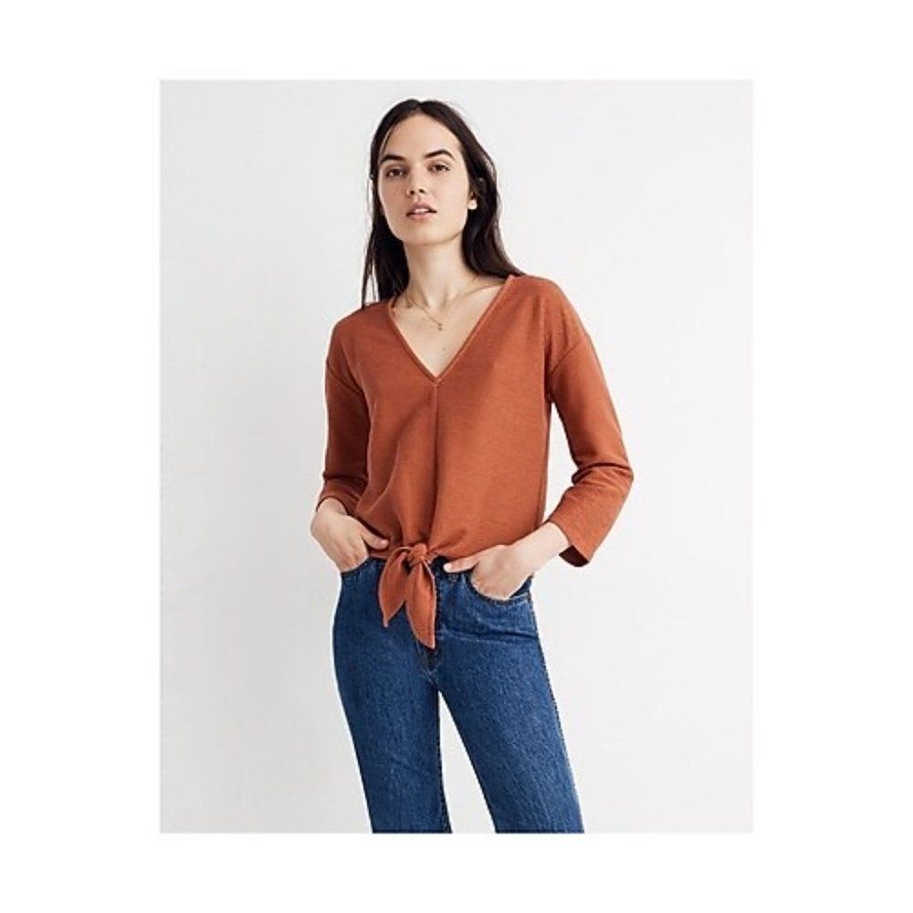 madewell orange texture & thread long-sleeve tie-front top size s small